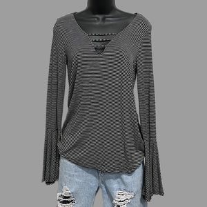 American Eagle Soft & Sexy Black/White Striped Bell Sleeve Cross V-Neck S